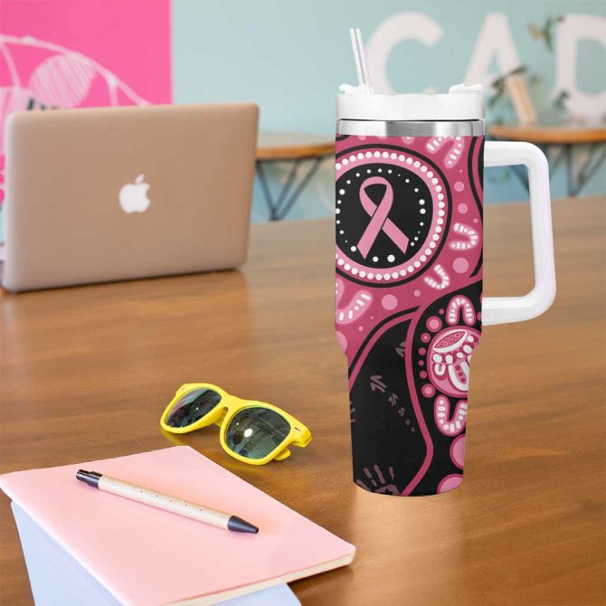 Australia Indigenous Breast Cancer Black Aboriginal Butterfly Custom Stanley Quencher 40Oz Stainless Steel Tumbler With Handle - Image 5