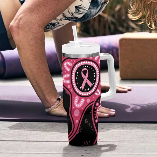 Australia Indigenous Breast Cancer Black Aboriginal Butterfly Custom Stanley Quencher 40Oz Stainless Steel Tumbler With Handle - Image 6