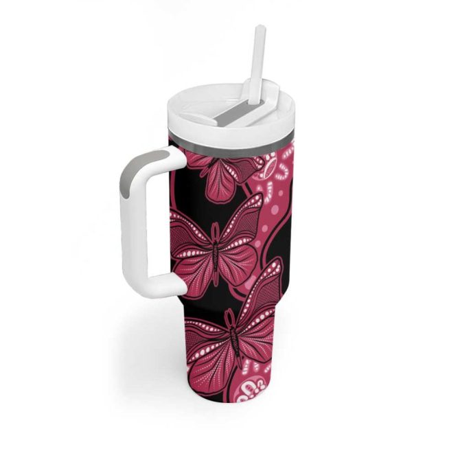 Australia Indigenous Breast Cancer Black Aboriginal Butterfly Custom Stanley Quencher 40Oz Stainless Steel Tumbler With Handle - Image 3