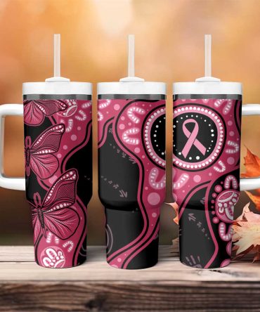 Australia Indigenous Breast Cancer Black Aboriginal Butterfly Custom Stanley Quencher 40Oz Stainless Steel Tumbler With Handle