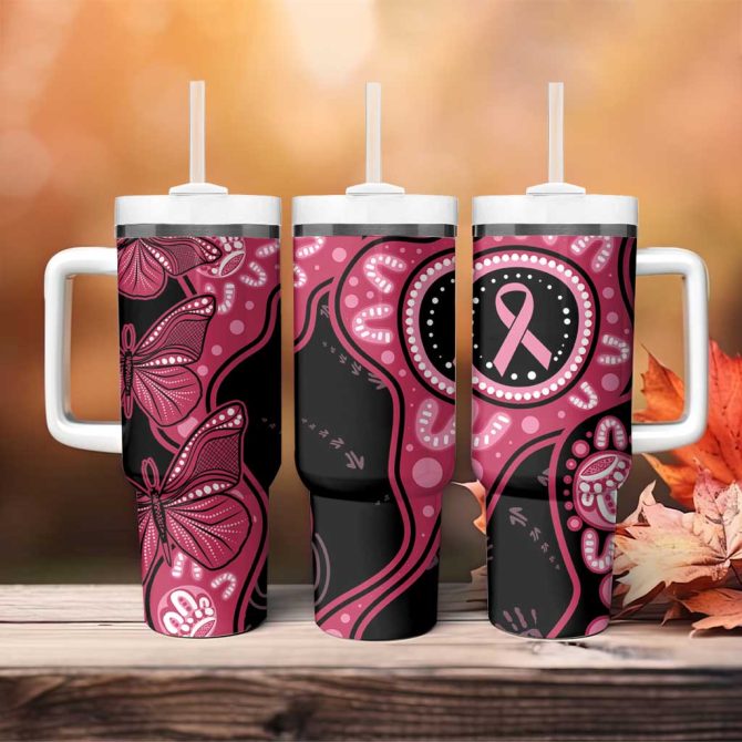 Australia Indigenous Breast Cancer Black Aboriginal Butterfly Custom Stanley Quencher 40Oz Stainless Steel Tumbler With Handle
