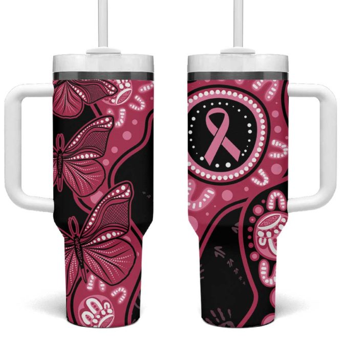 Australia Indigenous Breast Cancer Black Aboriginal Butterfly Custom Stanley Quencher 40Oz Stainless Steel Tumbler With Handle - Image 2