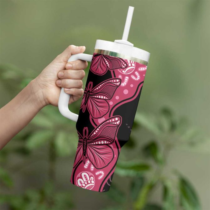 Australia Indigenous Breast Cancer Black Aboriginal Butterfly Custom Stanley Quencher 40Oz Stainless Steel Tumbler With Handle - Image 4
