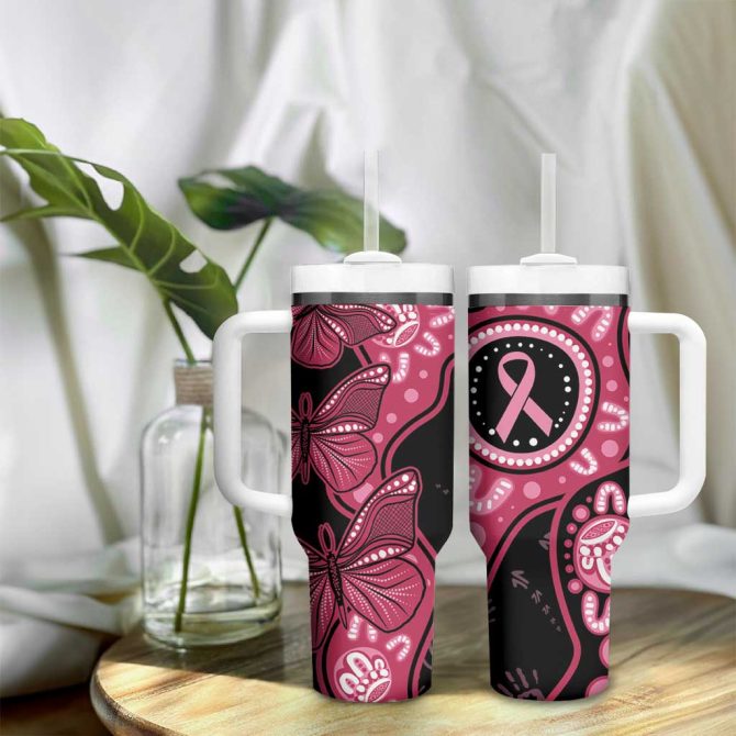 Australia Indigenous Breast Cancer Black Aboriginal Butterfly Custom Stanley Quencher 40Oz Stainless Steel Tumbler With Handle - Image 9