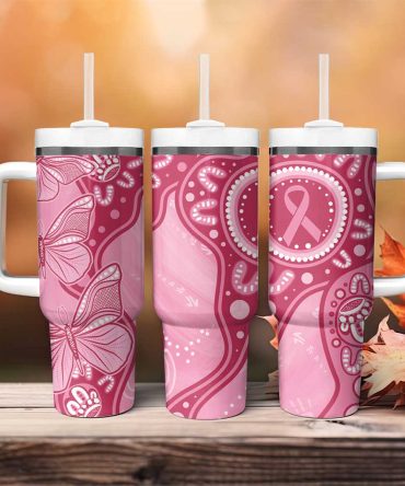 Australia Indigenous Breast Cancer Pink Aboriginal Butterfly Custom Stanley Quencher 40Oz Stainless Steel Tumbler With Handle
