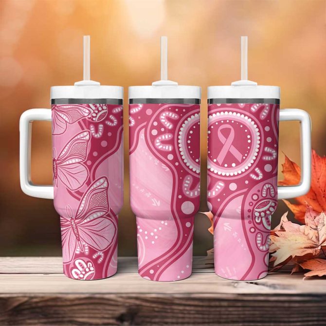 Australia Indigenous Breast Cancer Pink Aboriginal Butterfly Custom Stanley Quencher 40Oz Stainless Steel Tumbler With Handle