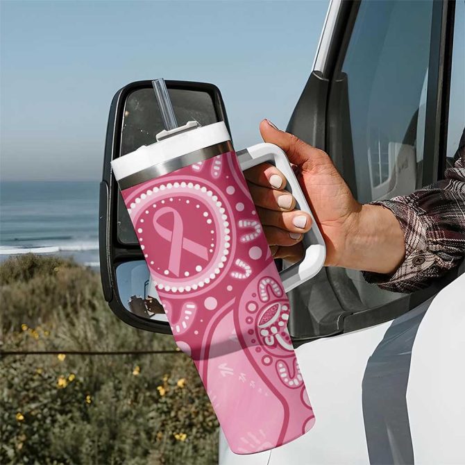 Australia Indigenous Breast Cancer Pink Aboriginal Butterfly Custom Stanley Quencher 40Oz Stainless Steel Tumbler With Handle - Image 7