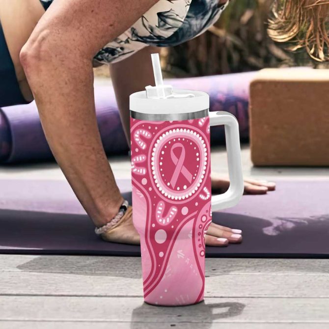 Australia Indigenous Breast Cancer Pink Aboriginal Butterfly Custom Stanley Quencher 40Oz Stainless Steel Tumbler With Handle - Image 6