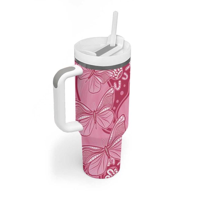 Australia Indigenous Breast Cancer Pink Aboriginal Butterfly Custom Stanley Quencher 40Oz Stainless Steel Tumbler With Handle - Image 3