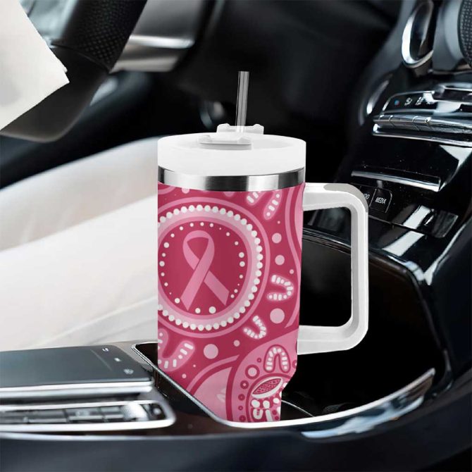 Australia Indigenous Breast Cancer Pink Aboriginal Butterfly Custom Stanley Quencher 40Oz Stainless Steel Tumbler With Handle - Image 8