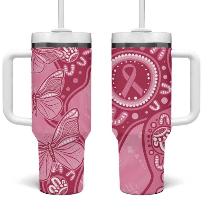 Australia Indigenous Breast Cancer Pink Aboriginal Butterfly Custom Stanley Quencher 40Oz Stainless Steel Tumbler With Handle - Image 2