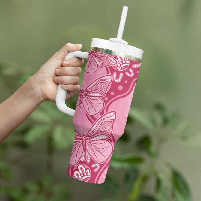 Australia Indigenous Breast Cancer Pink Aboriginal Butterfly Custom Stanley Quencher 40Oz Stainless Steel Tumbler With Handle - Image 4