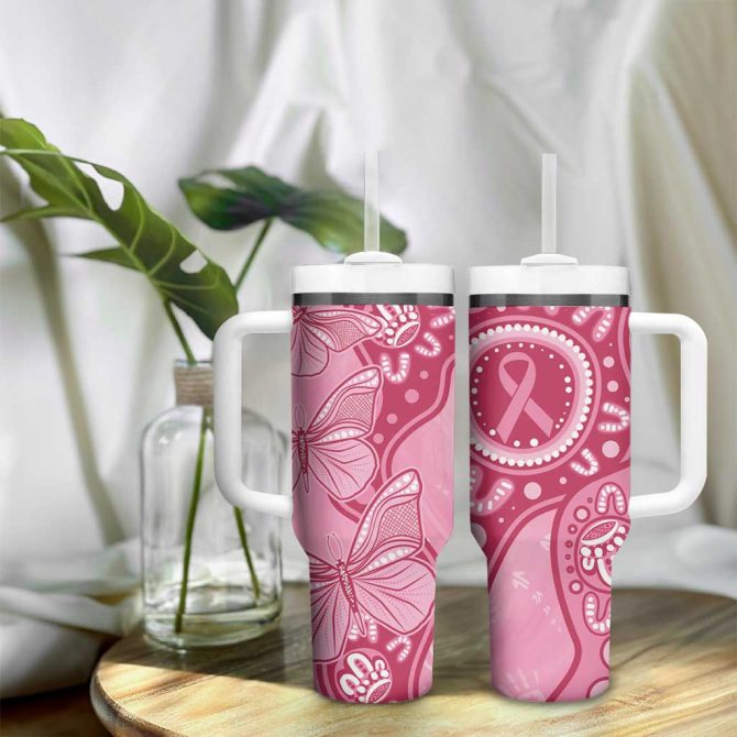 Australia Indigenous Breast Cancer Pink Aboriginal Butterfly Custom Stanley Quencher 40Oz Stainless Steel Tumbler With Handle - Image 9