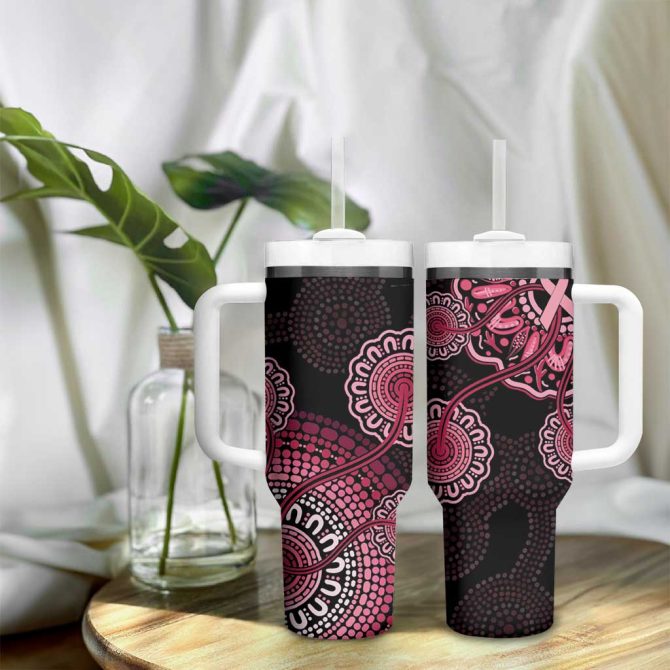 Australia Indigenous Breast Cancer Ribbon Aboriginal Art #8211; Black Custom Stanley Quencher 40Oz Stainless Steel Tumbler With Handle - Image 9