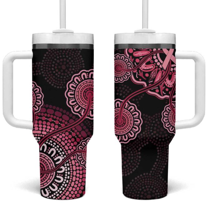 Australia Indigenous Breast Cancer Ribbon Aboriginal Art #8211; Black Custom Stanley Quencher 40Oz Stainless Steel Tumbler With Handle - Image 2