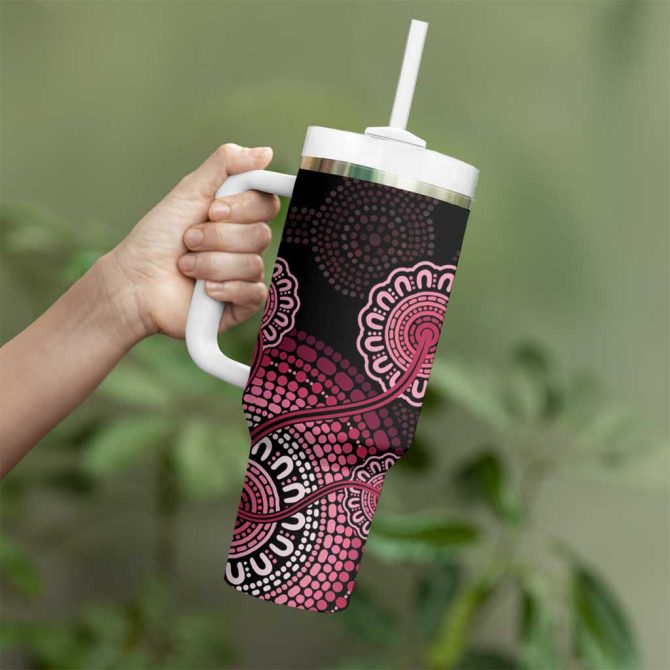 Australia Indigenous Breast Cancer Ribbon Aboriginal Art #8211; Black Custom Stanley Quencher 40Oz Stainless Steel Tumbler With Handle - Image 4