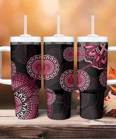 Australia Indigenous Breast Cancer Ribbon Aboriginal Art #8211; Black Custom Stanley Quencher 40Oz Stainless Steel Tumbler With Handle