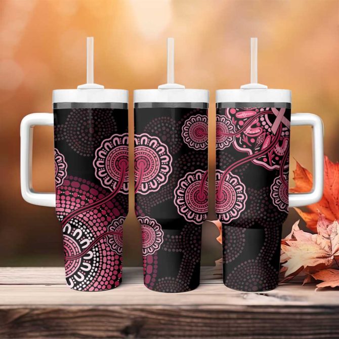 Australia Indigenous Breast Cancer Ribbon Aboriginal Art #8211; Black Custom Stanley Quencher 40Oz Stainless Steel Tumbler With Handle