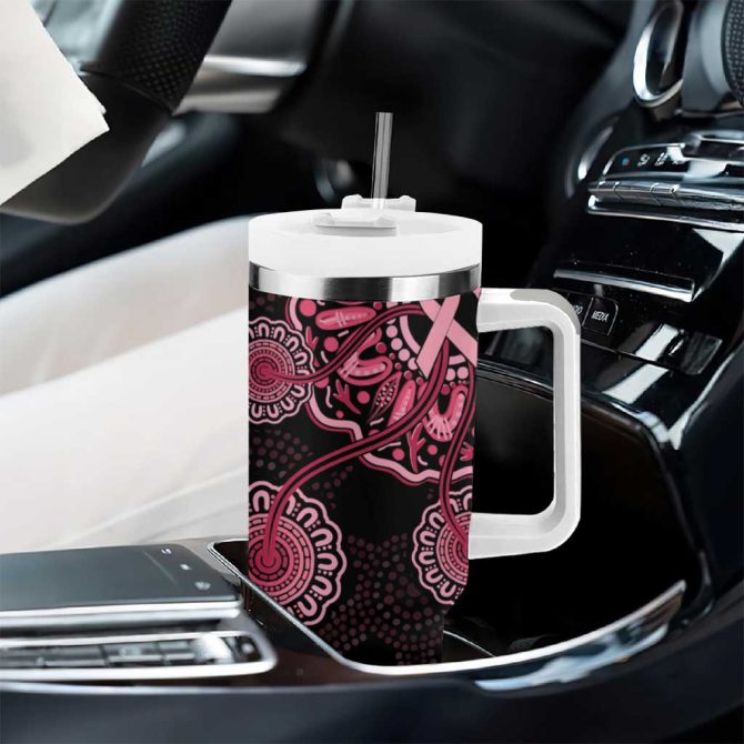 Australia Indigenous Breast Cancer Ribbon Aboriginal Art #8211; Black Custom Stanley Quencher 40Oz Stainless Steel Tumbler With Handle - Image 8
