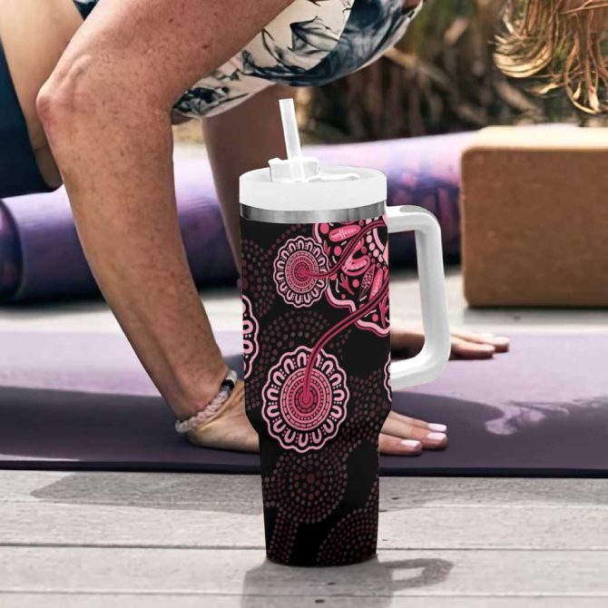 Australia Indigenous Breast Cancer Ribbon Aboriginal Art #8211; Black Custom Stanley Quencher 40Oz Stainless Steel Tumbler With Handle - Image 6