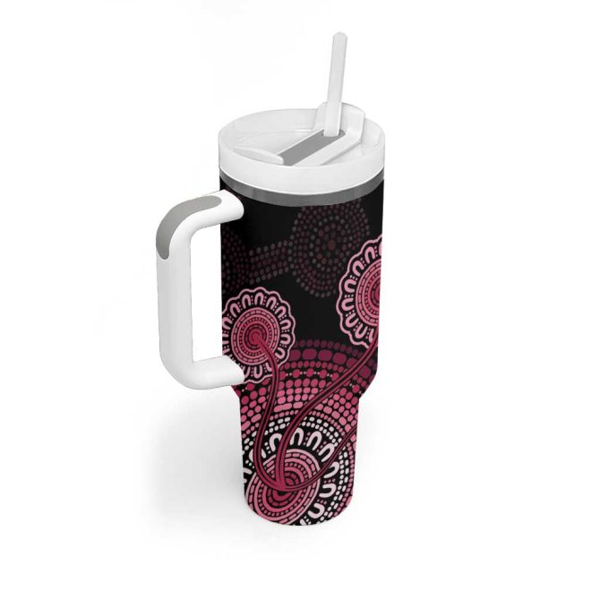 Australia Indigenous Breast Cancer Ribbon Aboriginal Art #8211; Black Custom Stanley Quencher 40Oz Stainless Steel Tumbler With Handle - Image 3