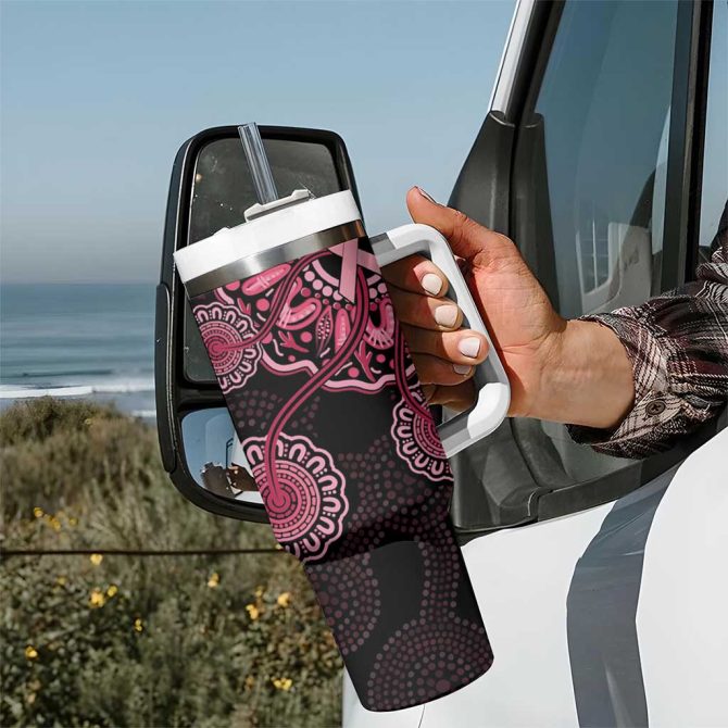 Australia Indigenous Breast Cancer Ribbon Aboriginal Art #8211; Black Custom Stanley Quencher 40Oz Stainless Steel Tumbler With Handle - Image 7