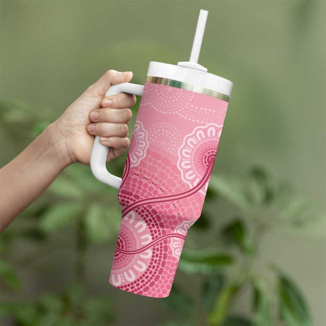 Australia Indigenous Breast Cancer Ribbon Aboriginal Art #8211; Pink Custom Stanley Quencher 40Oz Stainless Steel Tumbler With Handle - Image 4