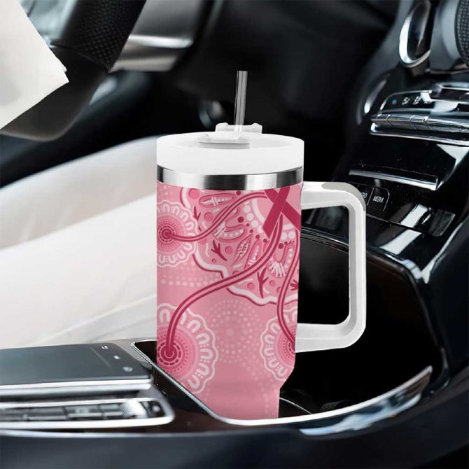 Australia Indigenous Breast Cancer Ribbon Aboriginal Art #8211; Pink Custom Stanley Quencher 40Oz Stainless Steel Tumbler With Handle - Image 8