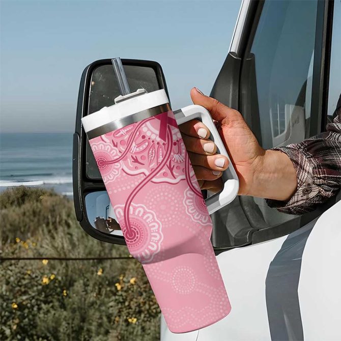 Australia Indigenous Breast Cancer Ribbon Aboriginal Art #8211; Pink Custom Stanley Quencher 40Oz Stainless Steel Tumbler With Handle - Image 7