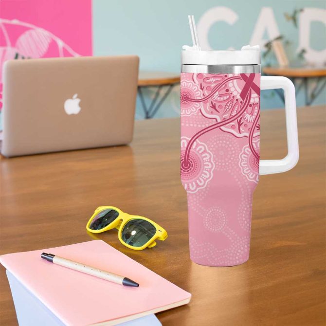 Australia Indigenous Breast Cancer Ribbon Aboriginal Art #8211; Pink Custom Stanley Quencher 40Oz Stainless Steel Tumbler With Handle - Image 5