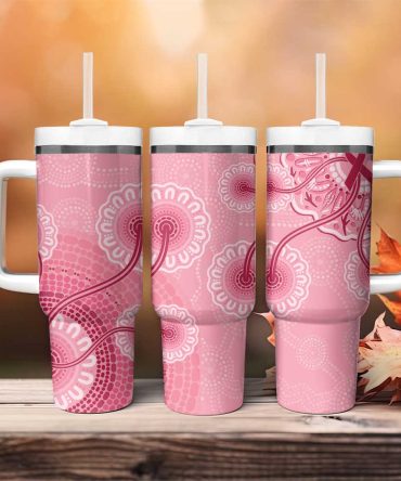 Australia Indigenous Breast Cancer Ribbon Aboriginal Art #8211; Pink Custom Stanley Quencher 40Oz Stainless Steel Tumbler With Handle