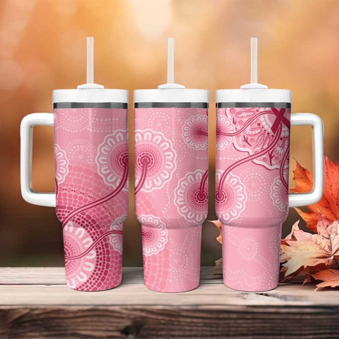 Australia Indigenous Breast Cancer Ribbon Aboriginal Art #8211; Pink Custom Stanley Quencher 40Oz Stainless Steel Tumbler With Handle