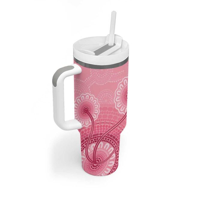 Australia Indigenous Breast Cancer Ribbon Aboriginal Art #8211; Pink Custom Stanley Quencher 40Oz Stainless Steel Tumbler With Handle - Image 3