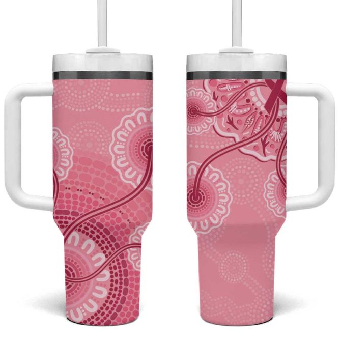 Australia Indigenous Breast Cancer Ribbon Aboriginal Art #8211; Pink Custom Stanley Quencher 40Oz Stainless Steel Tumbler With Handle - Image 2