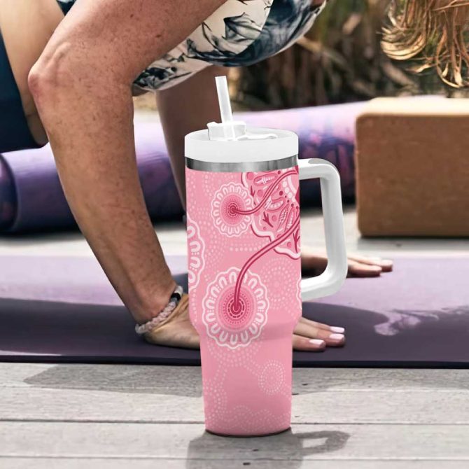 Australia Indigenous Breast Cancer Ribbon Aboriginal Art #8211; Pink Custom Stanley Quencher 40Oz Stainless Steel Tumbler With Handle - Image 6