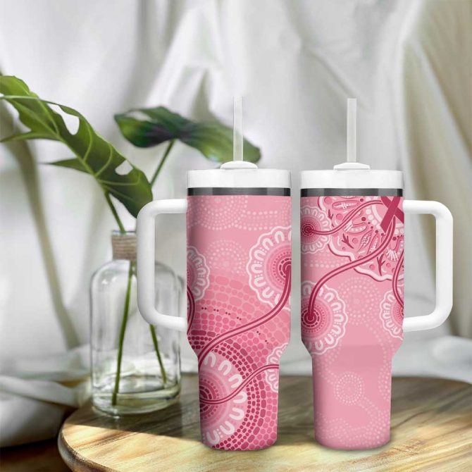 Australia Indigenous Breast Cancer Ribbon Aboriginal Art #8211; Pink Custom Stanley Quencher 40Oz Stainless Steel Tumbler With Handle - Image 9