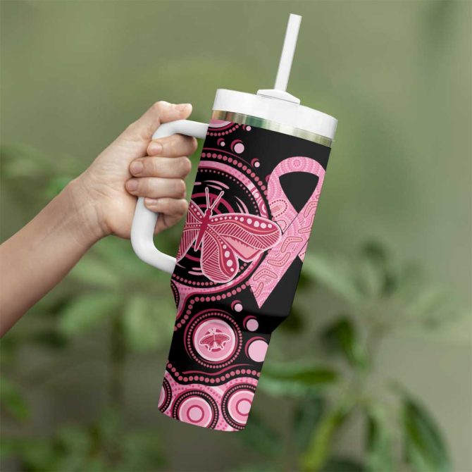 Australia Indigenous Breast Cancer Ribbon Butterfly Aboriginal Arts Custom Stanley Quencher 40Oz Stainless Steel Tumbler With Handle - Image 4