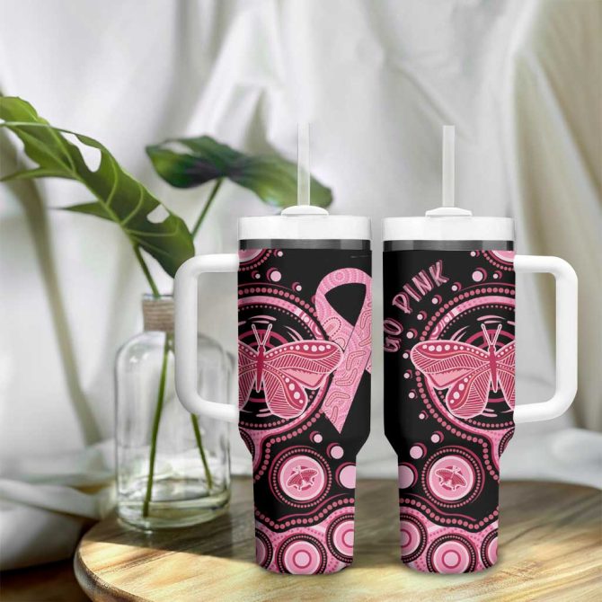 Australia Indigenous Breast Cancer Ribbon Butterfly Aboriginal Arts Custom Stanley Quencher 40Oz Stainless Steel Tumbler With Handle - Image 9