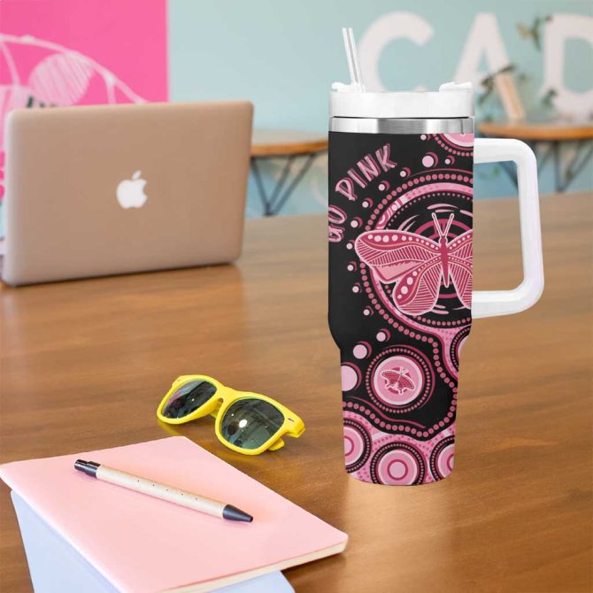 Australia Indigenous Breast Cancer Ribbon Butterfly Aboriginal Arts Custom Stanley Quencher 40Oz Stainless Steel Tumbler With Handle - Image 5