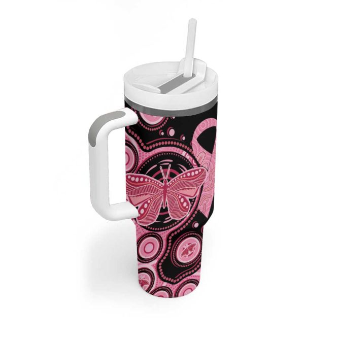 Australia Indigenous Breast Cancer Ribbon Butterfly Aboriginal Arts Custom Stanley Quencher 40Oz Stainless Steel Tumbler With Handle - Image 3