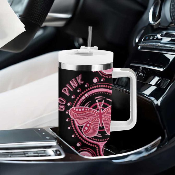 Australia Indigenous Breast Cancer Ribbon Butterfly Aboriginal Arts Custom Stanley Quencher 40Oz Stainless Steel Tumbler With Handle - Image 8