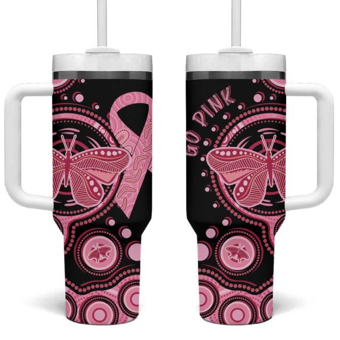 Australia Indigenous Breast Cancer Ribbon Butterfly Aboriginal Arts Custom Stanley Quencher 40Oz Stainless Steel Tumbler With Handle - Image 2