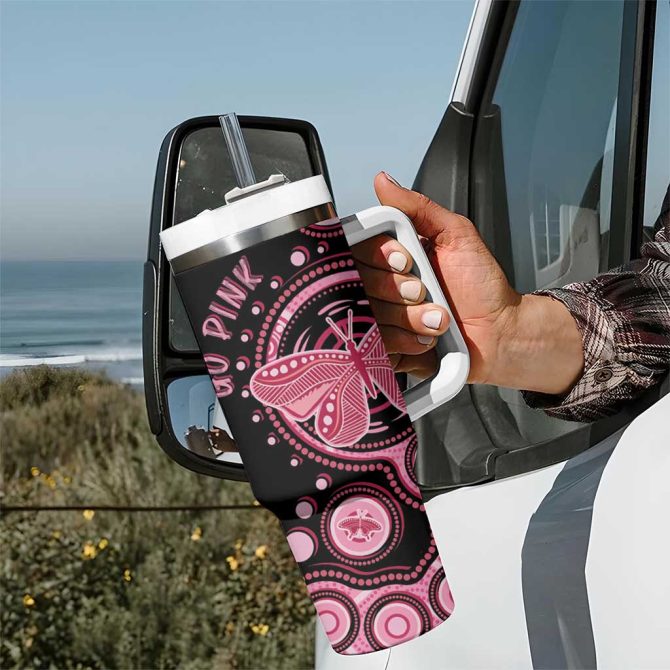 Australia Indigenous Breast Cancer Ribbon Butterfly Aboriginal Arts Custom Stanley Quencher 40Oz Stainless Steel Tumbler With Handle - Image 7
