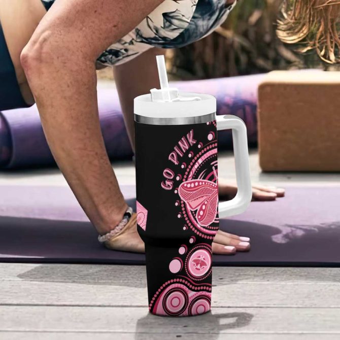 Australia Indigenous Breast Cancer Ribbon Butterfly Aboriginal Arts Custom Stanley Quencher 40Oz Stainless Steel Tumbler With Handle - Image 6