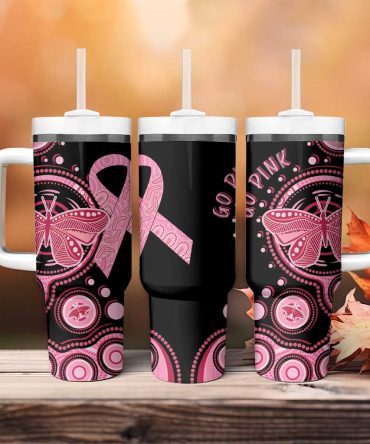 Australia Indigenous Breast Cancer Ribbon Butterfly Aboriginal Arts Custom Stanley Quencher 40Oz Stainless Steel Tumbler With Handle