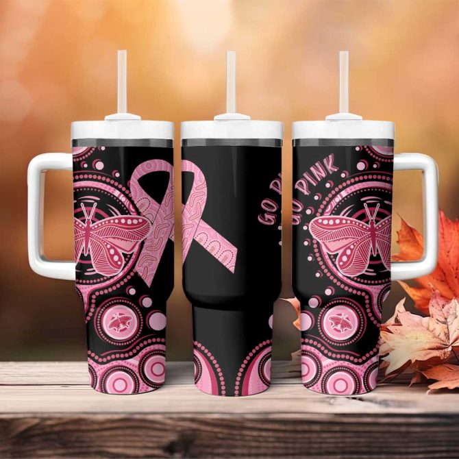 Australia Indigenous Breast Cancer Ribbon Butterfly Aboriginal Arts Custom Stanley Quencher 40Oz Stainless Steel Tumbler With Handle