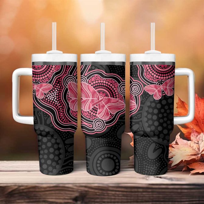 Australia Indigenous Mother #8217;S Day Aboriginal Breast Cancer Ribbon Custom Stanley Quencher 40Oz Stainless Steel Tumbler With Handle