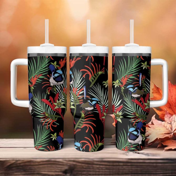 Australia Kangaroo Paw And Splendid Fairy-Wren Sameless Style Custom Stanley Quencher 40Oz Stainless Steel Tumbler With Handle