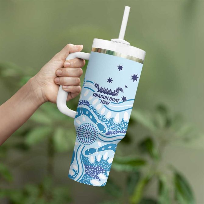 Australia New South Wales Dragons Boat Aussie Aboriginal Dot Style Custom Stanley Quencher 40Oz Stainless Steel Tumbler With Handle - Image 4