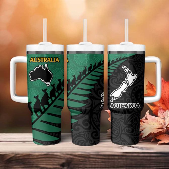 Australia New Zealand Rugby Aboriginal Wallabies And Maori Black Fern Green Custom Stanley Quencher 40Oz Stainless Steel Tumbler With Handle - Image 4